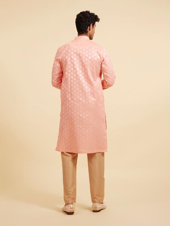 Diwas Men Coral Peach Striped and Oval Patterned Kurta