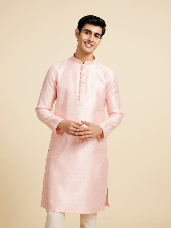 Diwas Men Rose Pink Ogee Patterned Kurta with Potli Buttons
