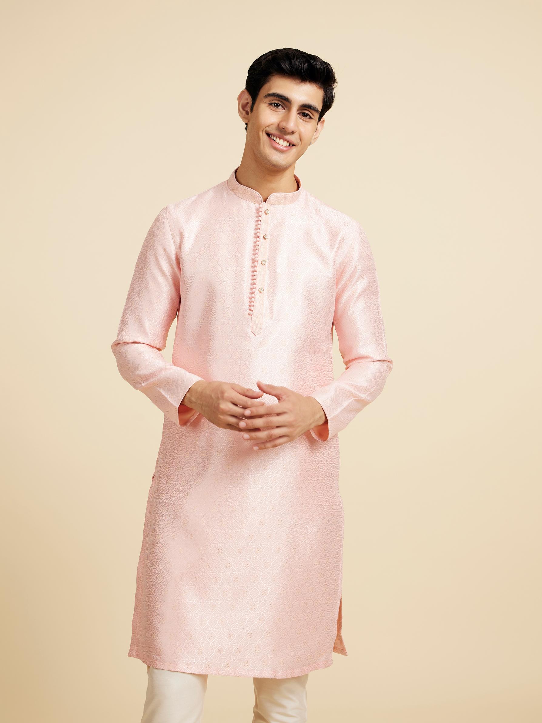 Diwas Men Rose Pink Ogee Patterned Kurta with Potli Buttons