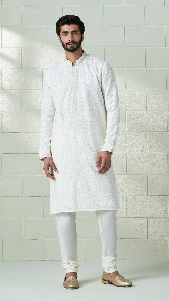 Twamev Men Daisy White Chikankari Kurta Set