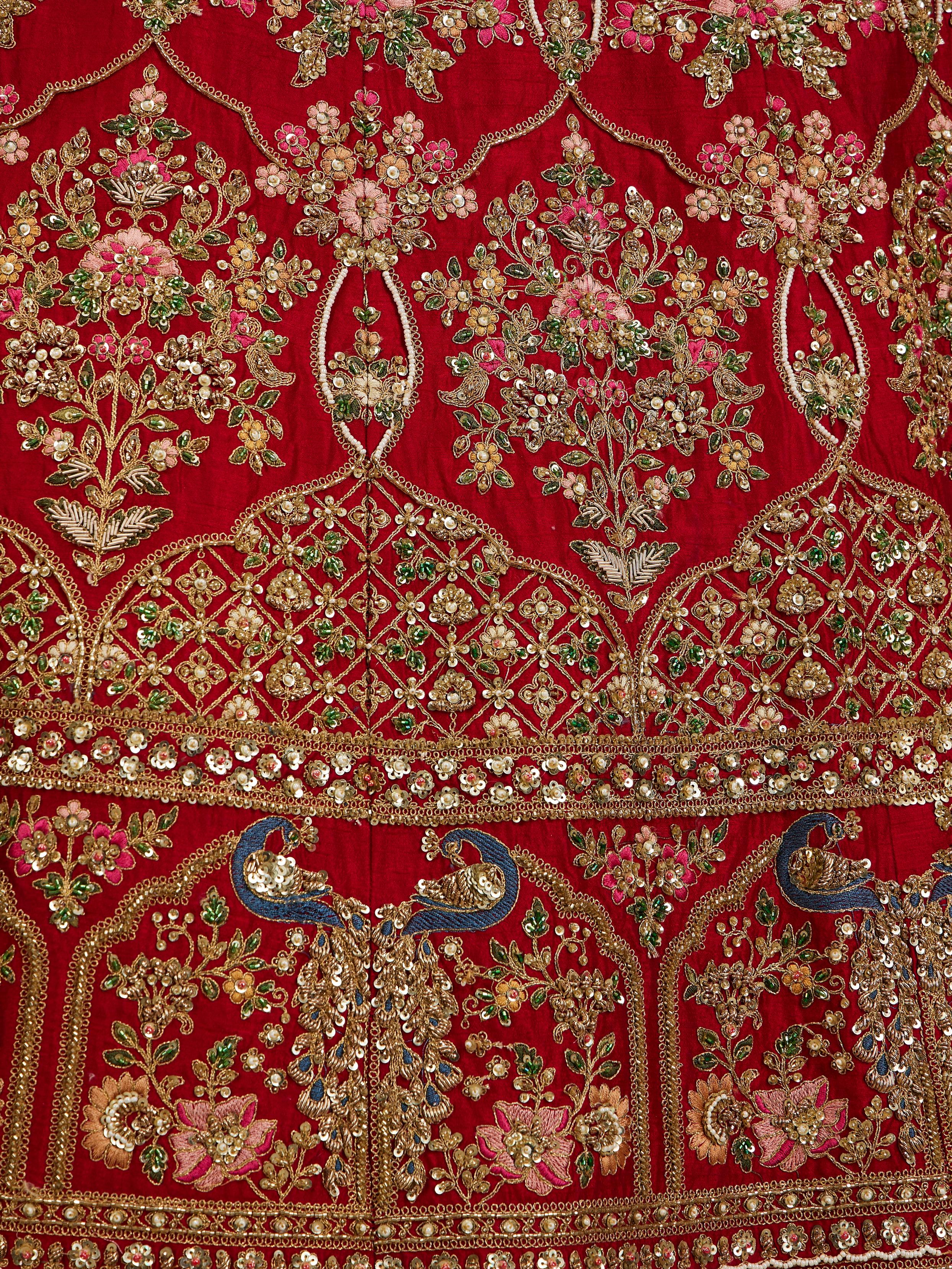 Twamev Women Scarlet Red Jaal Patterned Lehenga with Darbar, Floral Motifs And Sequin Work