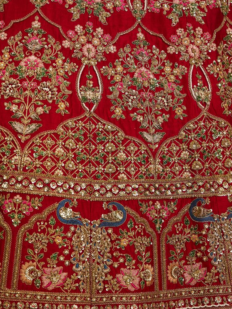 Twamev Women Scarlet Red Jaal Patterned Lehenga with Darbar, Floral Motifs And Sequin Work