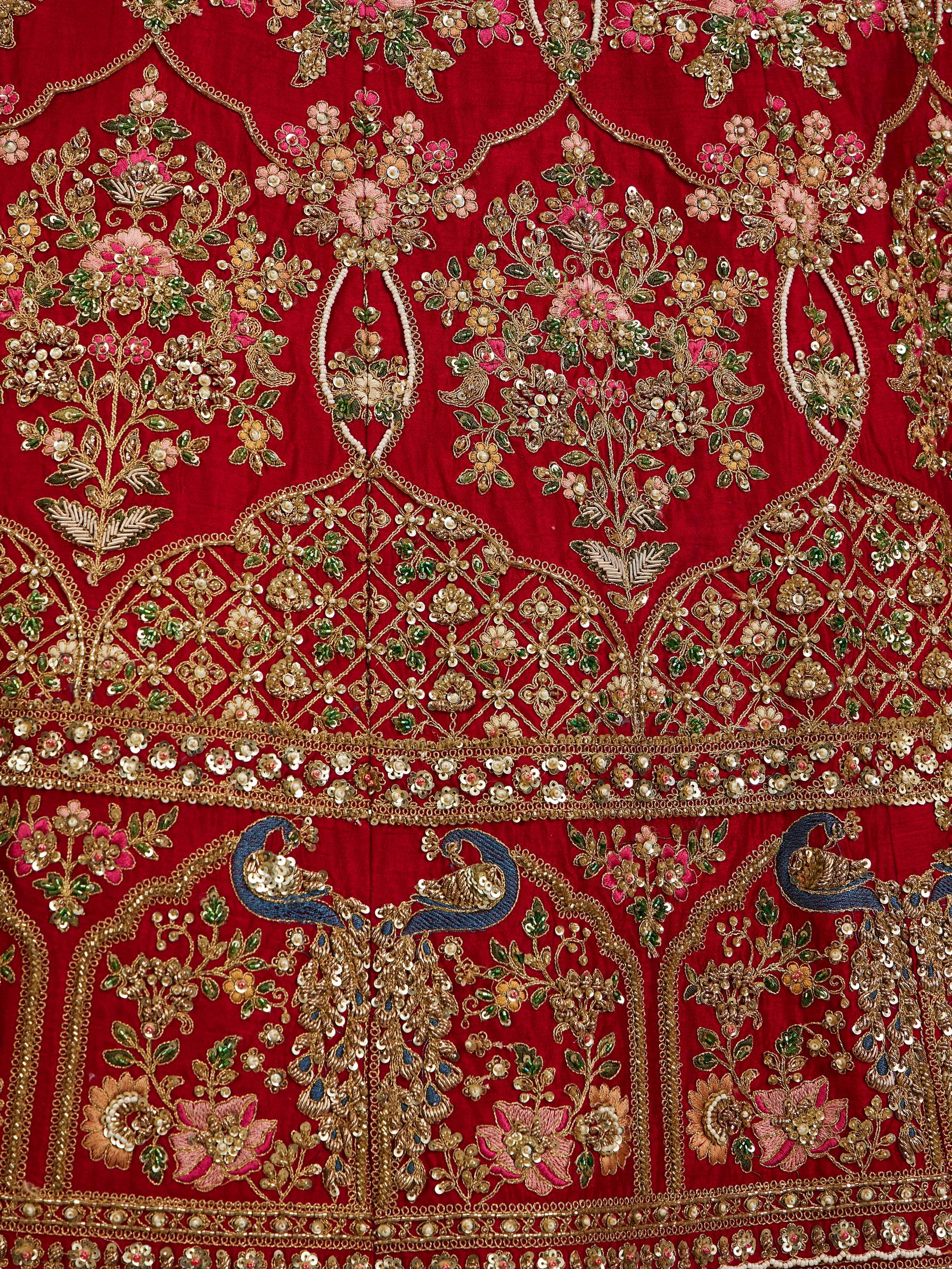 Twamev Women Scarlet Red Jaal Patterned Lehenga with Darbar, Floral Motifs And Sequin Work