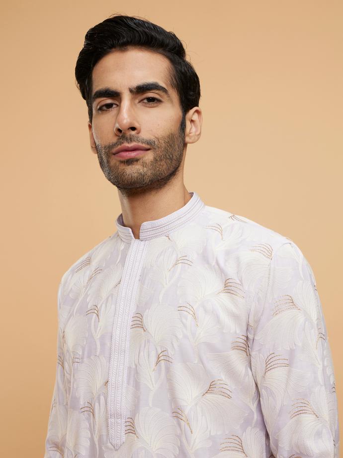 Twamev Men Soft Lilac Leaf Printed Kurta Set