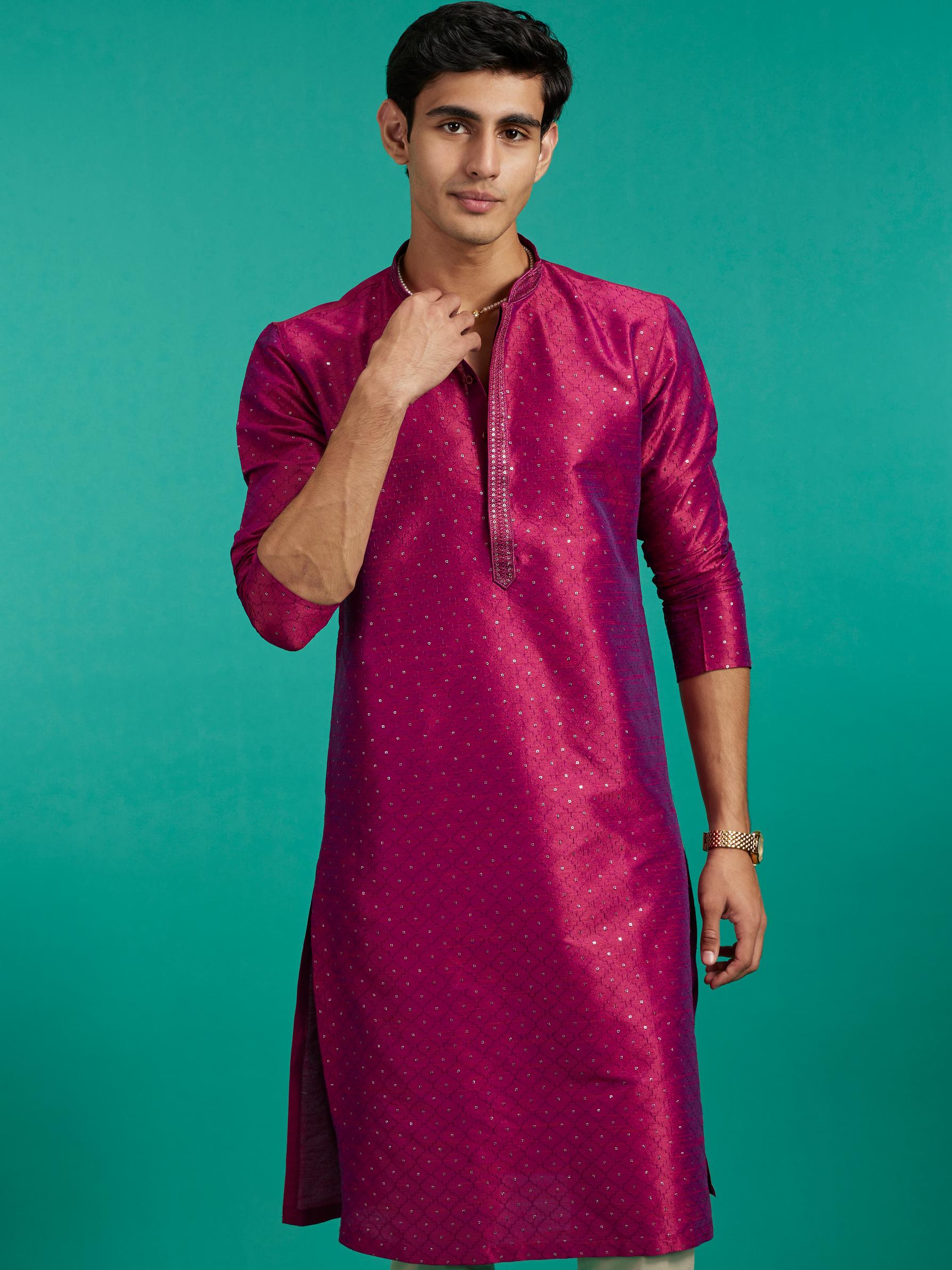 Diwas Men Rani Pink Grid Patterned Kurta with Sequin Work