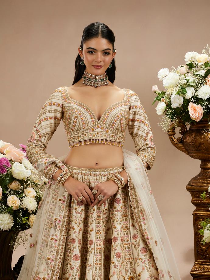 Twamev Women Cream Beige Floral Embroidered Lehenga with Paisley Patterns And Zari Work