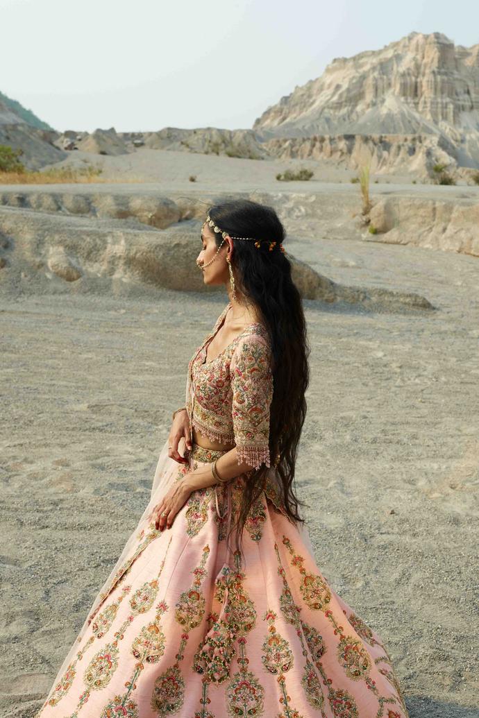 Twamev Women Velied Rose Pink Hand Embroidered Lehenga with Floral Motifs