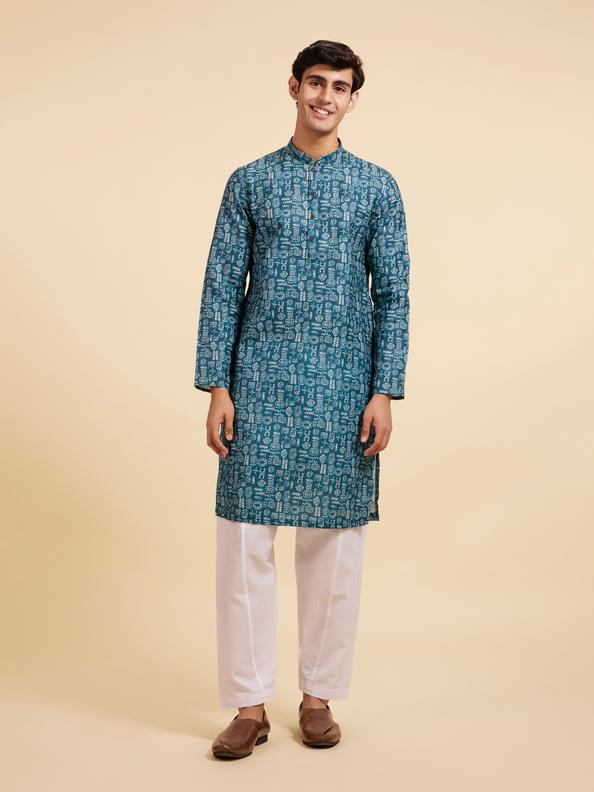 Diwas Men Teal Green Aztec Printed Kurta