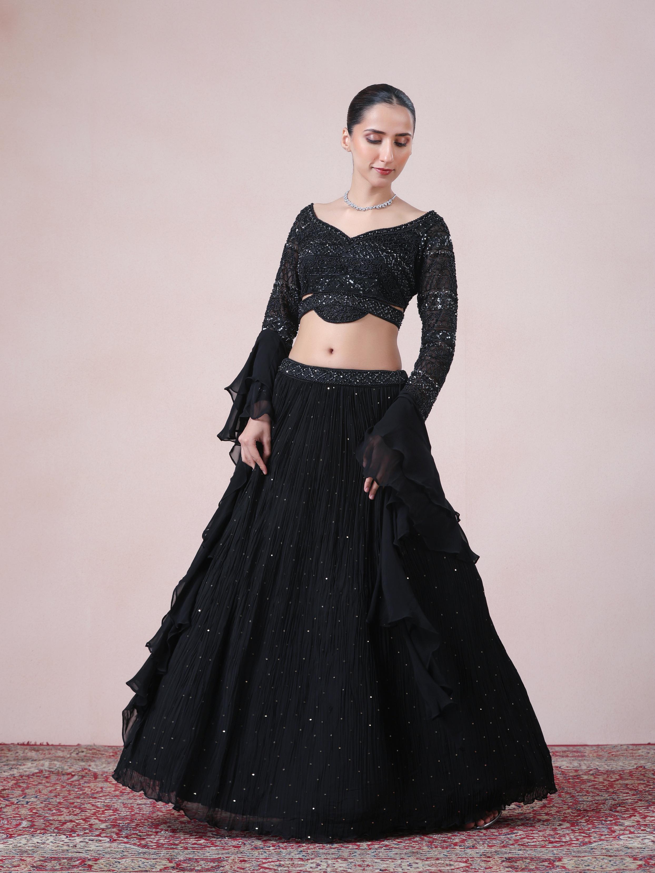 Twamev Women Glamourous Black Georgette Skirt Top Set