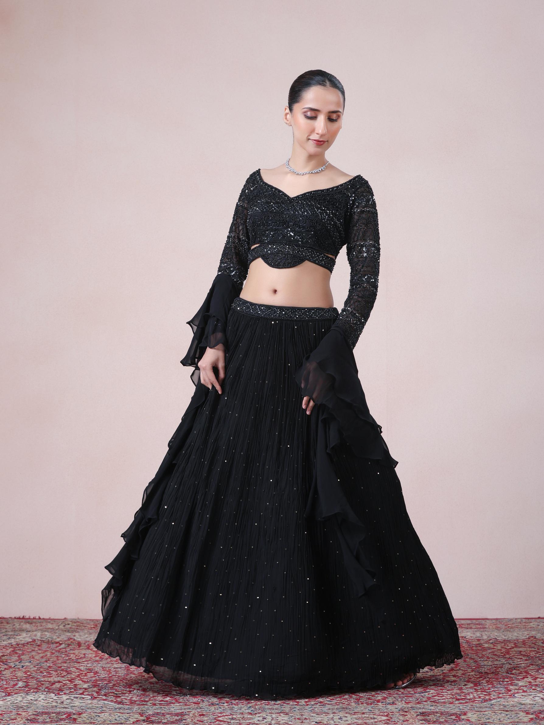 Twamev Women Glamourous Black Georgette Skirt Top Set