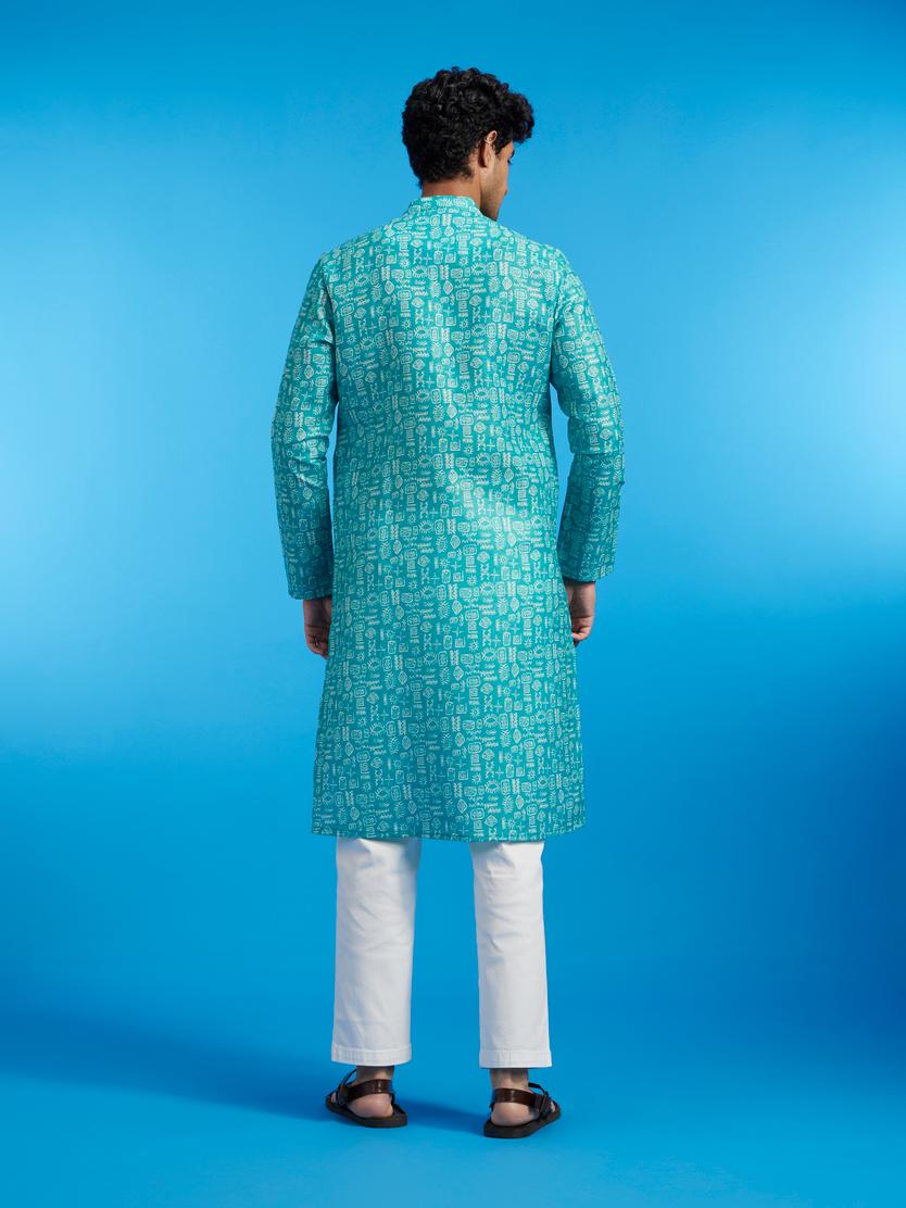 Diwas Men Turquoise Blue Aztec Print Kurta