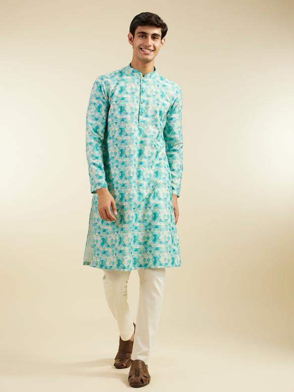 Diwas Men Aqua Green Harlequin Printed Kurta with Rhinestones
