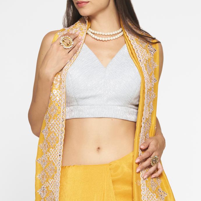 Twamev Women Mustard Elegance Tissue Saree