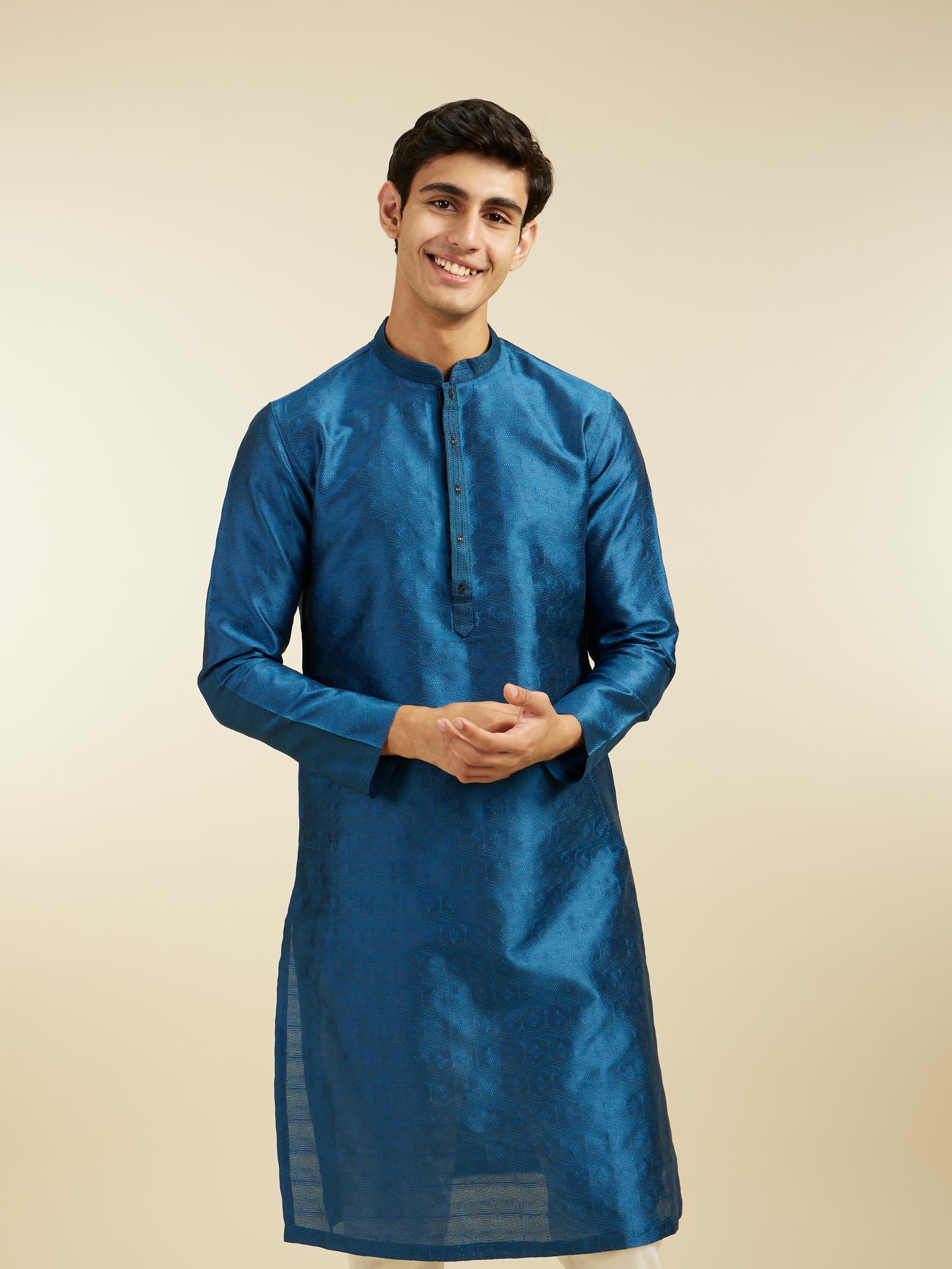 Diwas Men Teal Blue Star Self Patterned Kurta