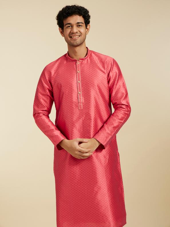 Diwas Men Coral Peach Self Striped & Jaal Patterned Kurta