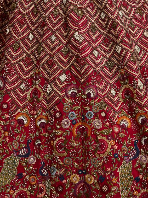Twamev Women Tomato Red Fish Scale Patterned Lehenga with Floral Embroidery And Peacock Motifs