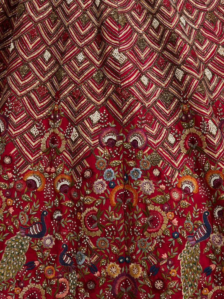Twamev Women Tomato Red Fish Scale Patterned Lehenga with Floral Embroidery And Peacock Motifs