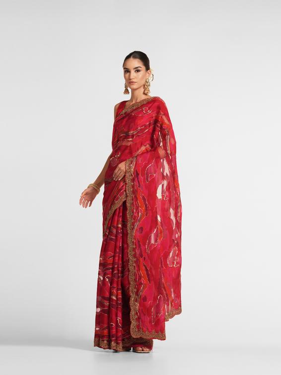 Twamev Women Fiery Red Organza Saree