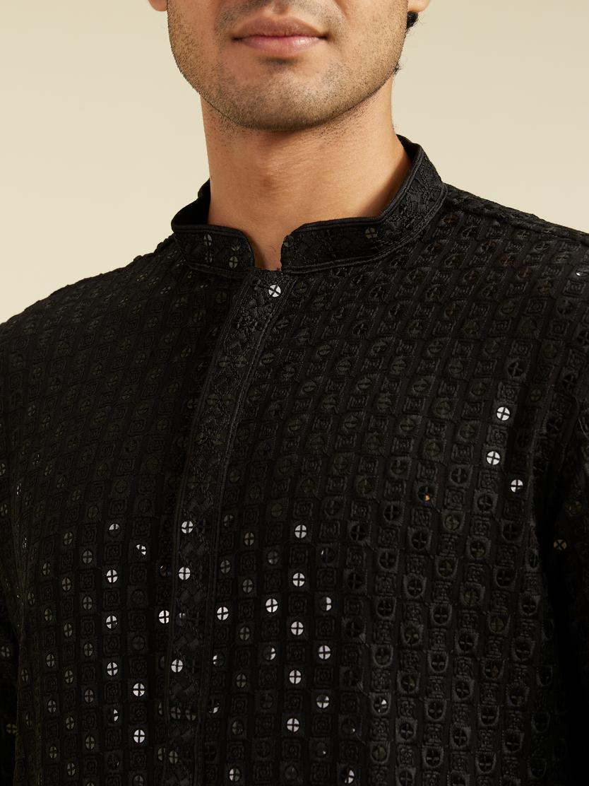 Diwas Men Ebony Black Chikankari Sequinned Kurta