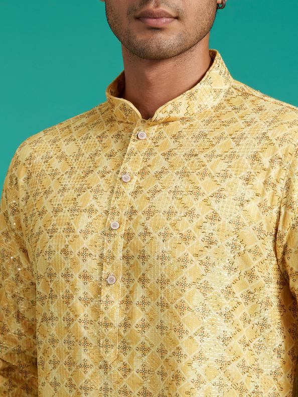 Diwas Men Straw Yellow Buta Print in Grid Pattern Kurta