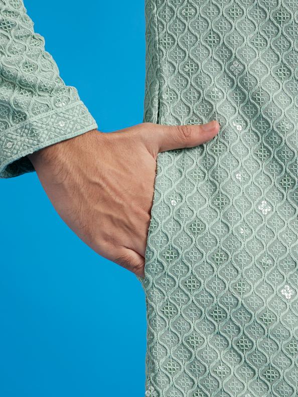Diwas Men Soft Green Chikankari Kurta With Sequins