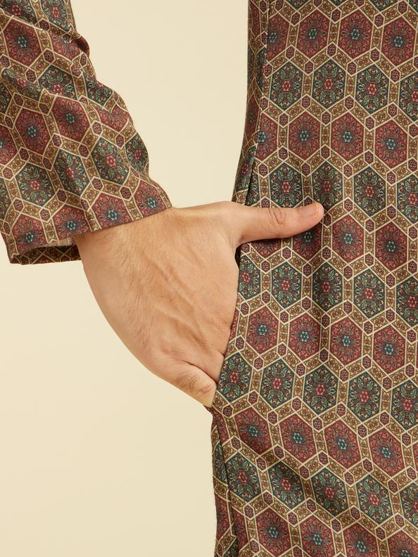 Diwas Men Olive Green Honeycomb Printed Kurta