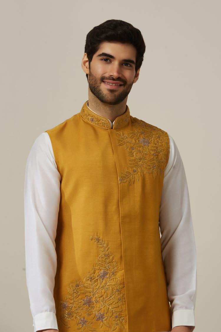 Twamev Men Light Orange Draped Kurta Jacket Set