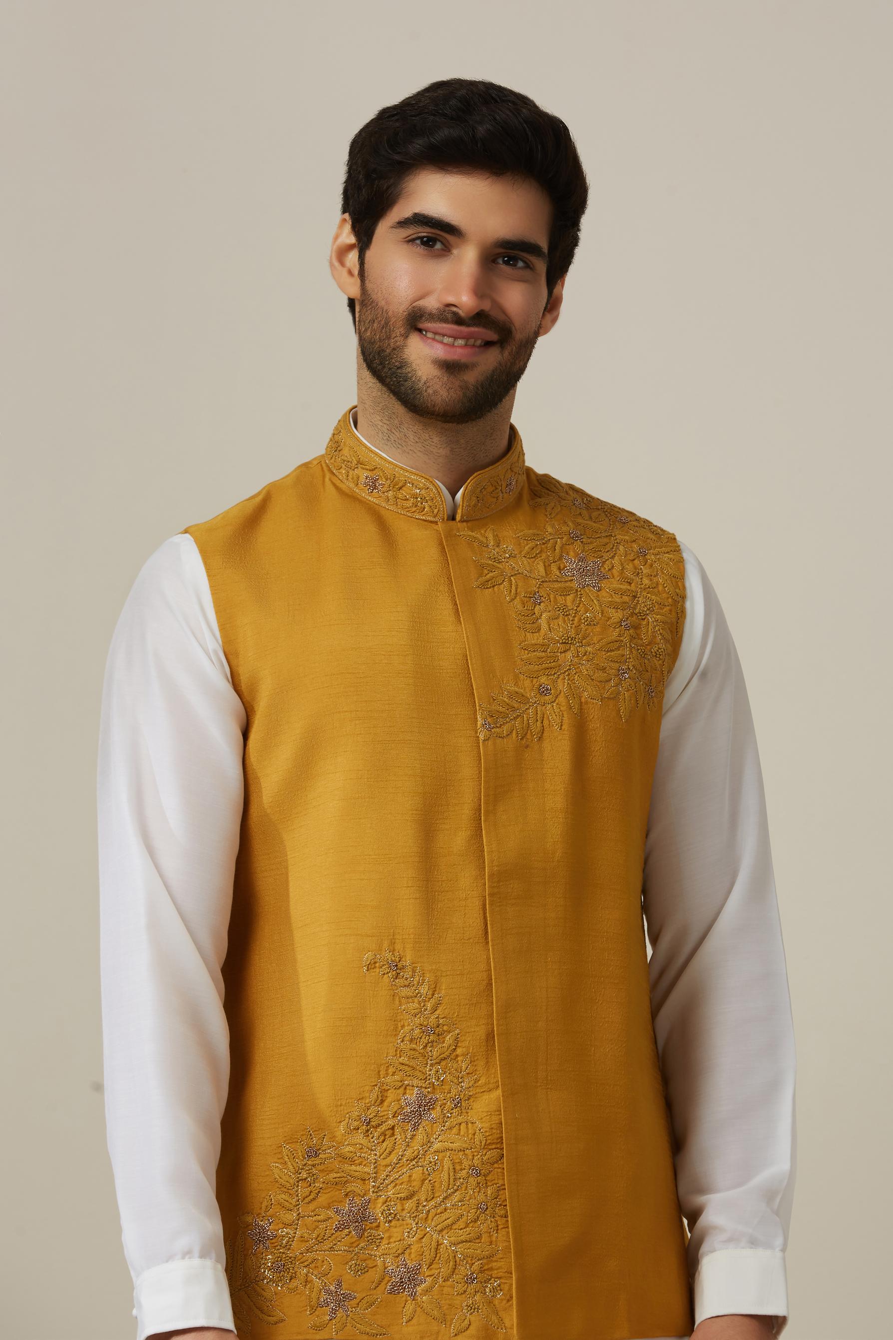 Twamev Men Light Orange Draped Kurta Jacket Set