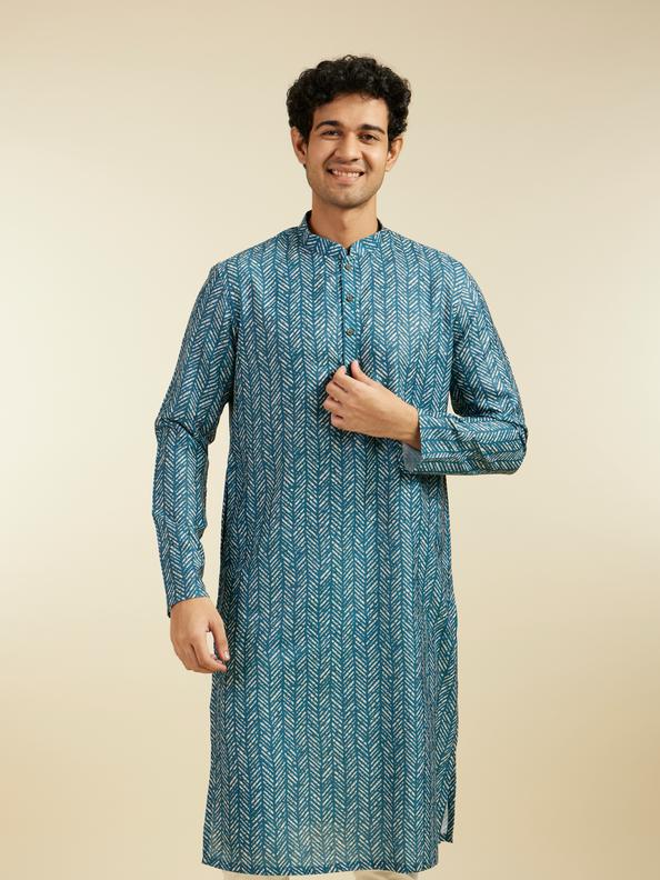 Diwas Men Teal Green Chevron Printed Kurta