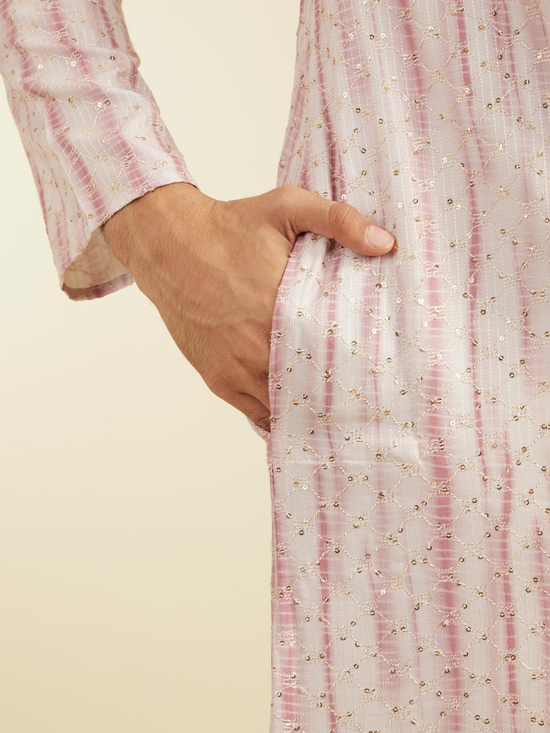 Diwas Men Dusty Pink Tie Dye Striped Printed Kurta with Sequin Work