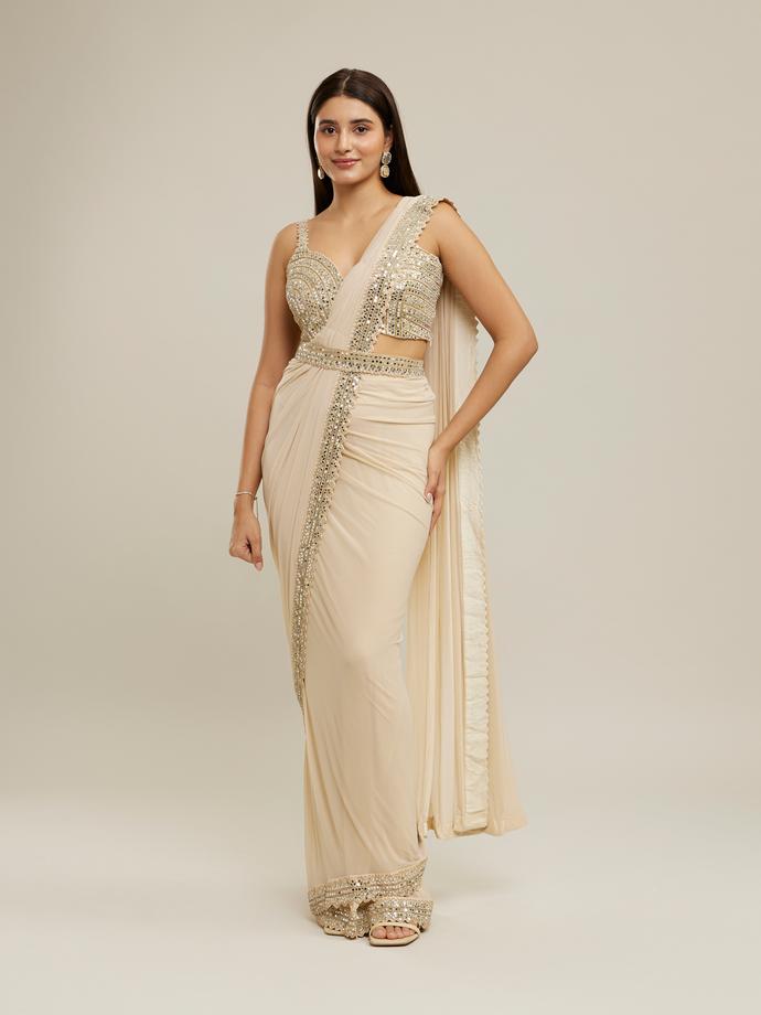 Twamev Women Cream Glimmering Knitted Saree Set