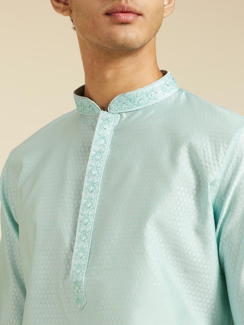 Diwas Men Aqua Green Subtle Self Patterned Kurta with Embroidered Placket