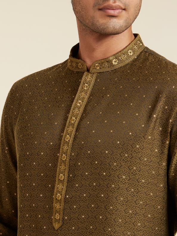 Diwas Men Olive Green Intricate Chowkadi Pattern with Sequin Work