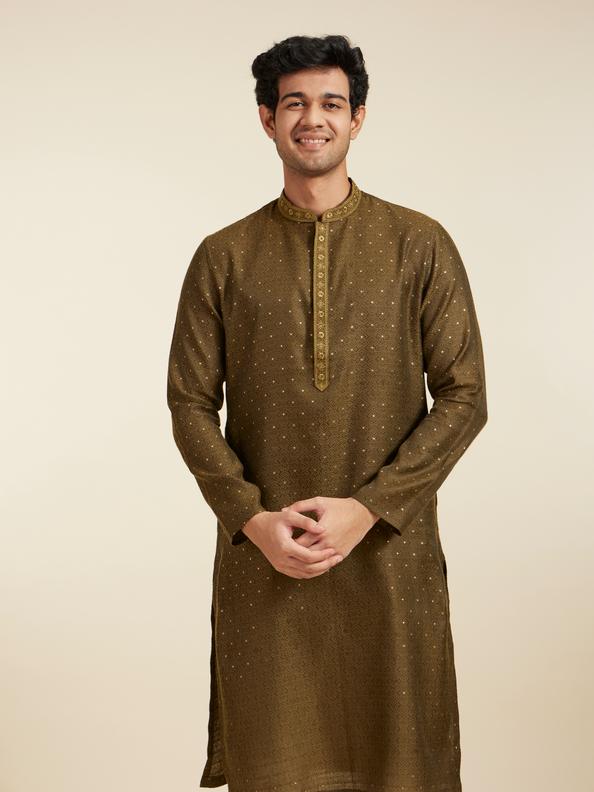 Diwas Men Olive Green Intricate Chowkadi Pattern with Sequin Work