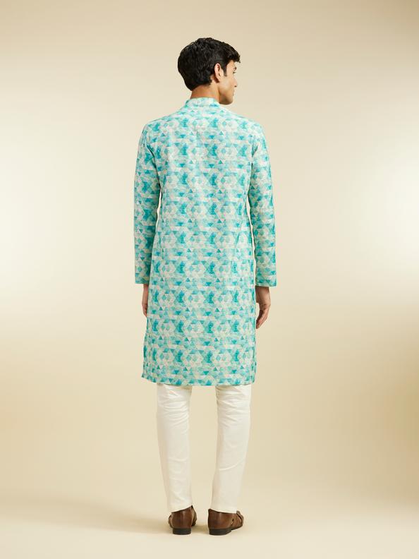 Diwas Men Aqua Green Harlequin Printed Kurta with Rhinestones
