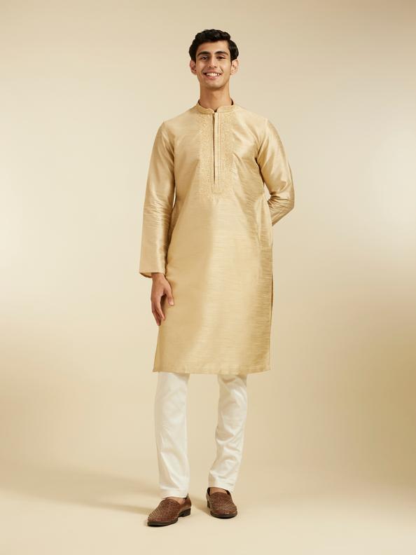 Diwas Men Cream Beige Kurta With Embroidered Neckline