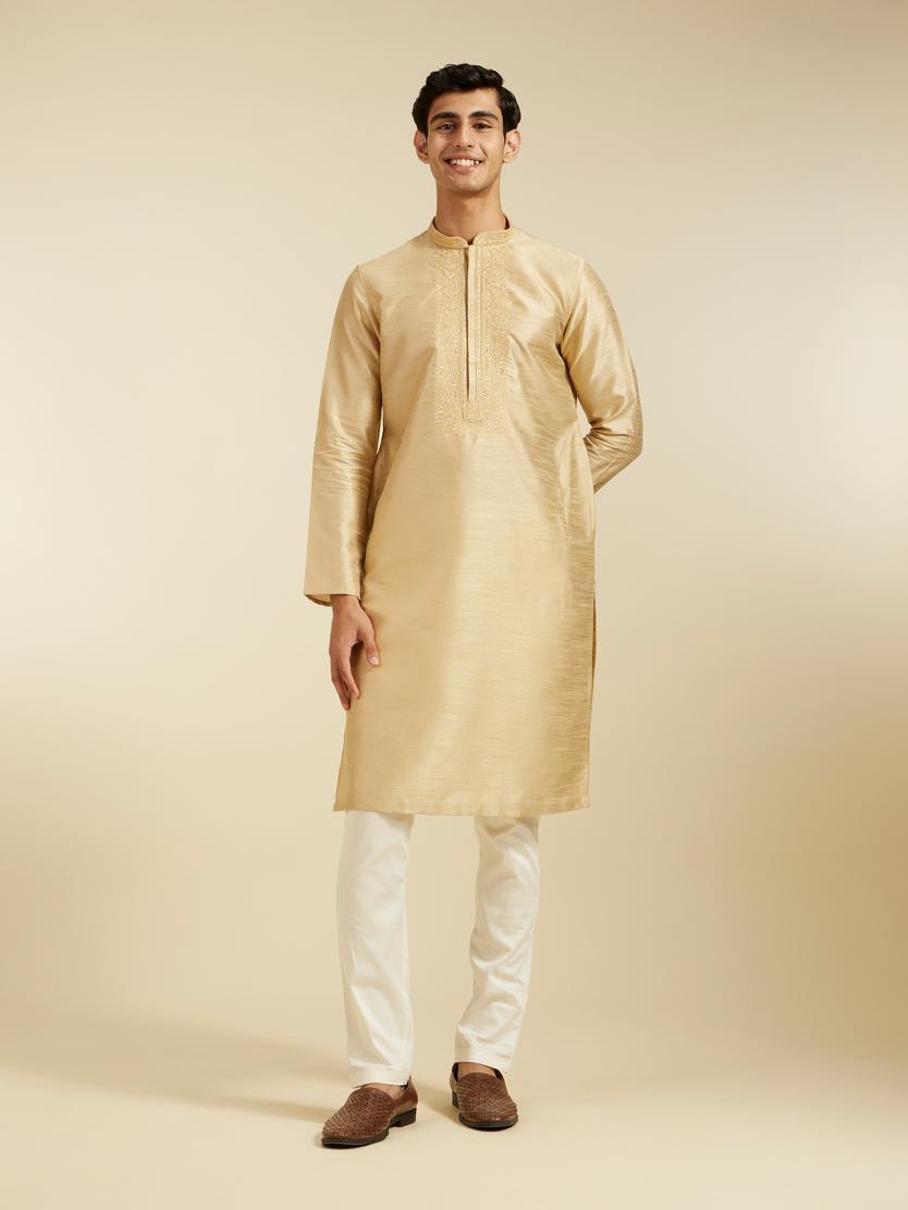 Diwas Men Cream Beige Kurta With Embroidered Neckline
