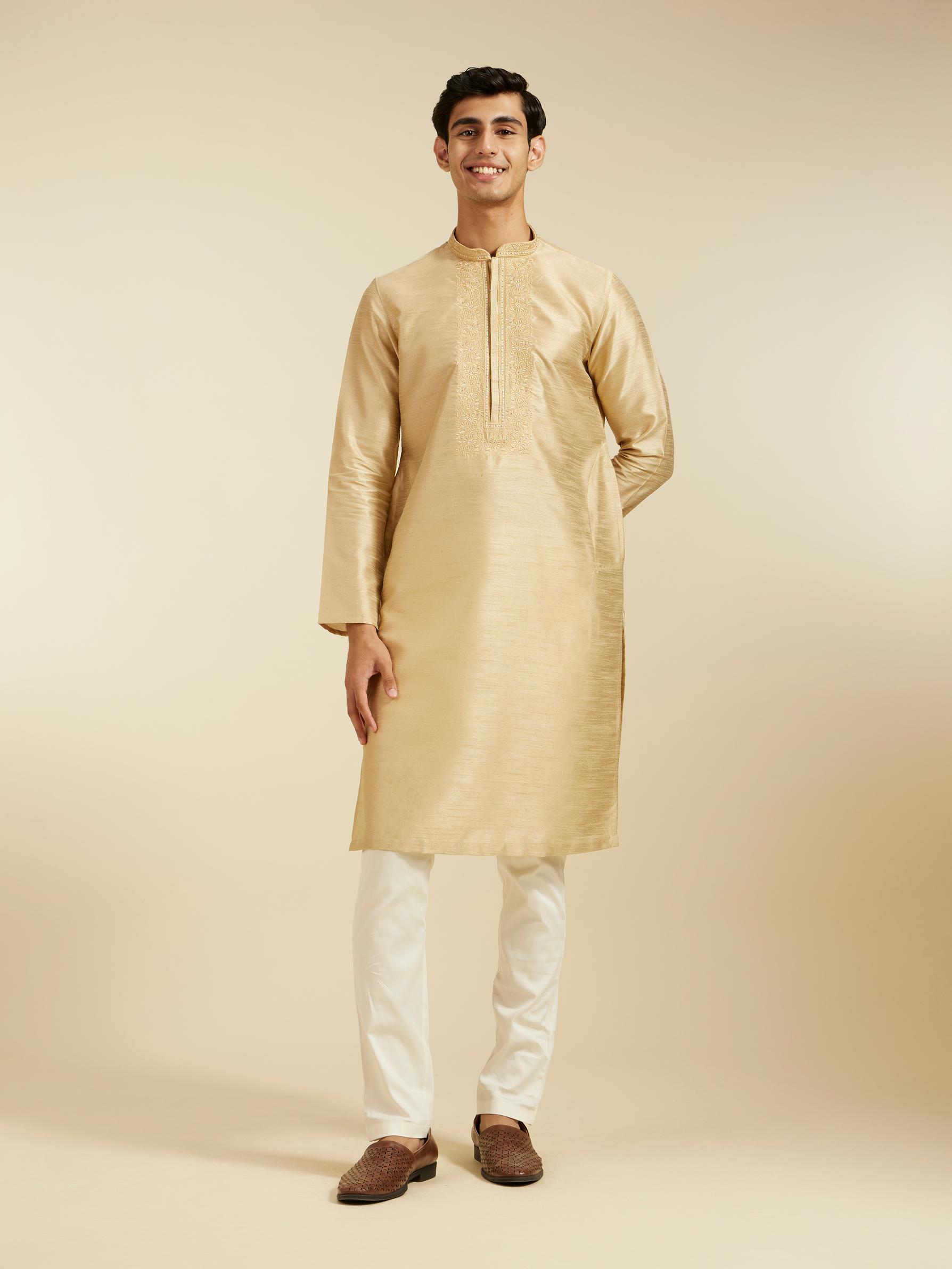 Diwas Men Cream Beige Kurta With Embroidered Neckline
