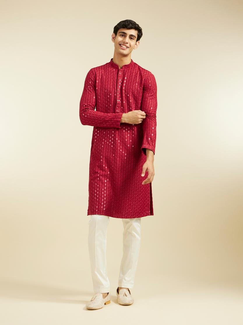 Diwas Men Maroon Red Chikankari Sequinned Kurta