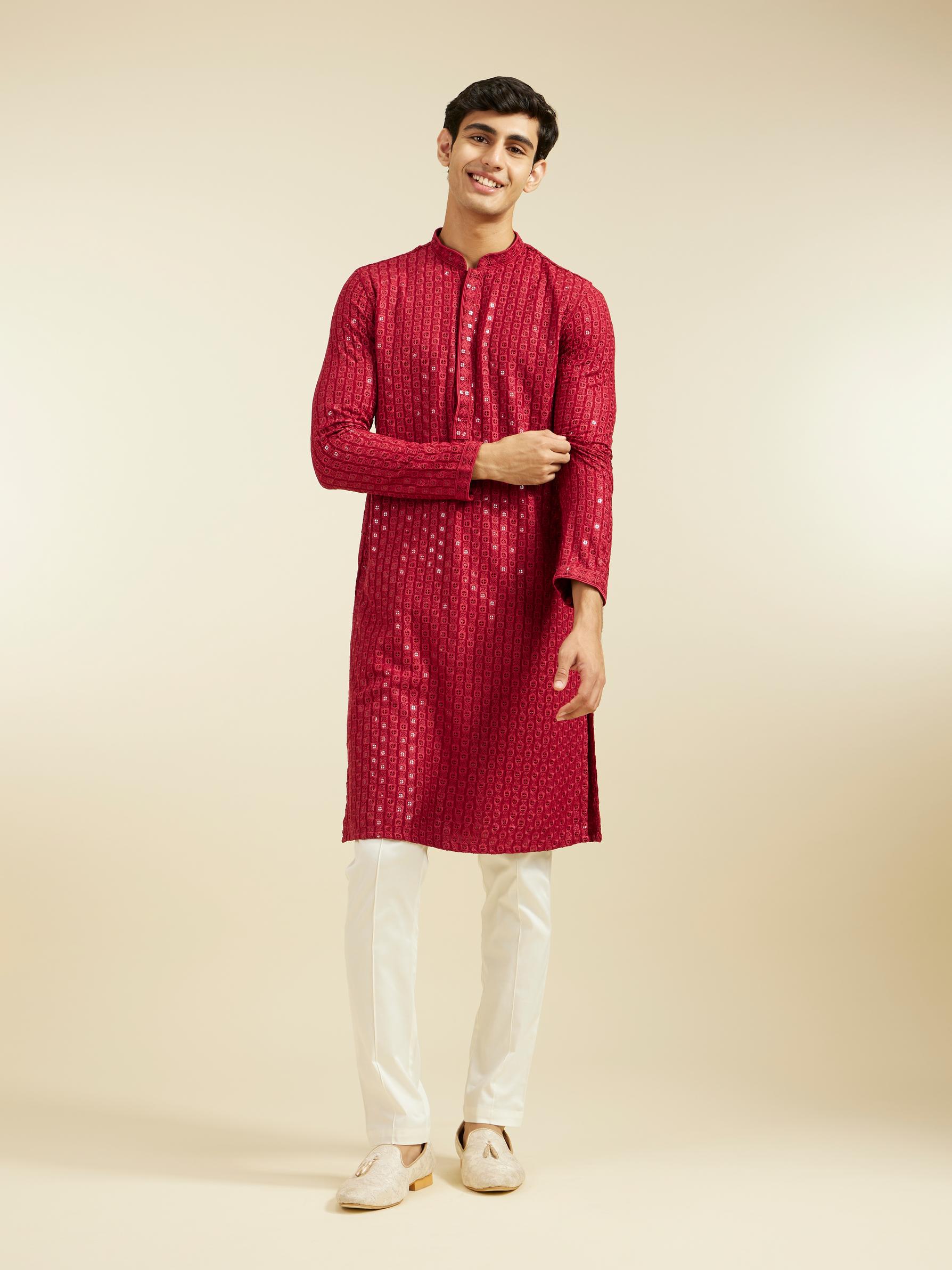 Diwas Men Maroon Red Chikankari Sequinned Kurta