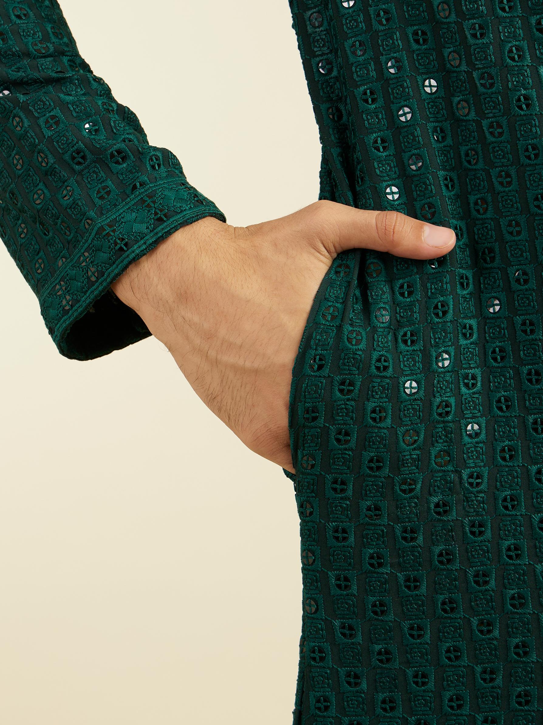 Diwas Men Bottle Green Chikankari Sequinned Kurta