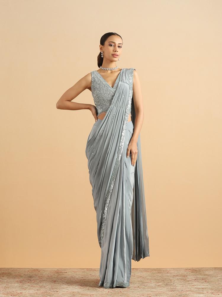 Twamev Women Serene Sky Blue Satin Party Saree