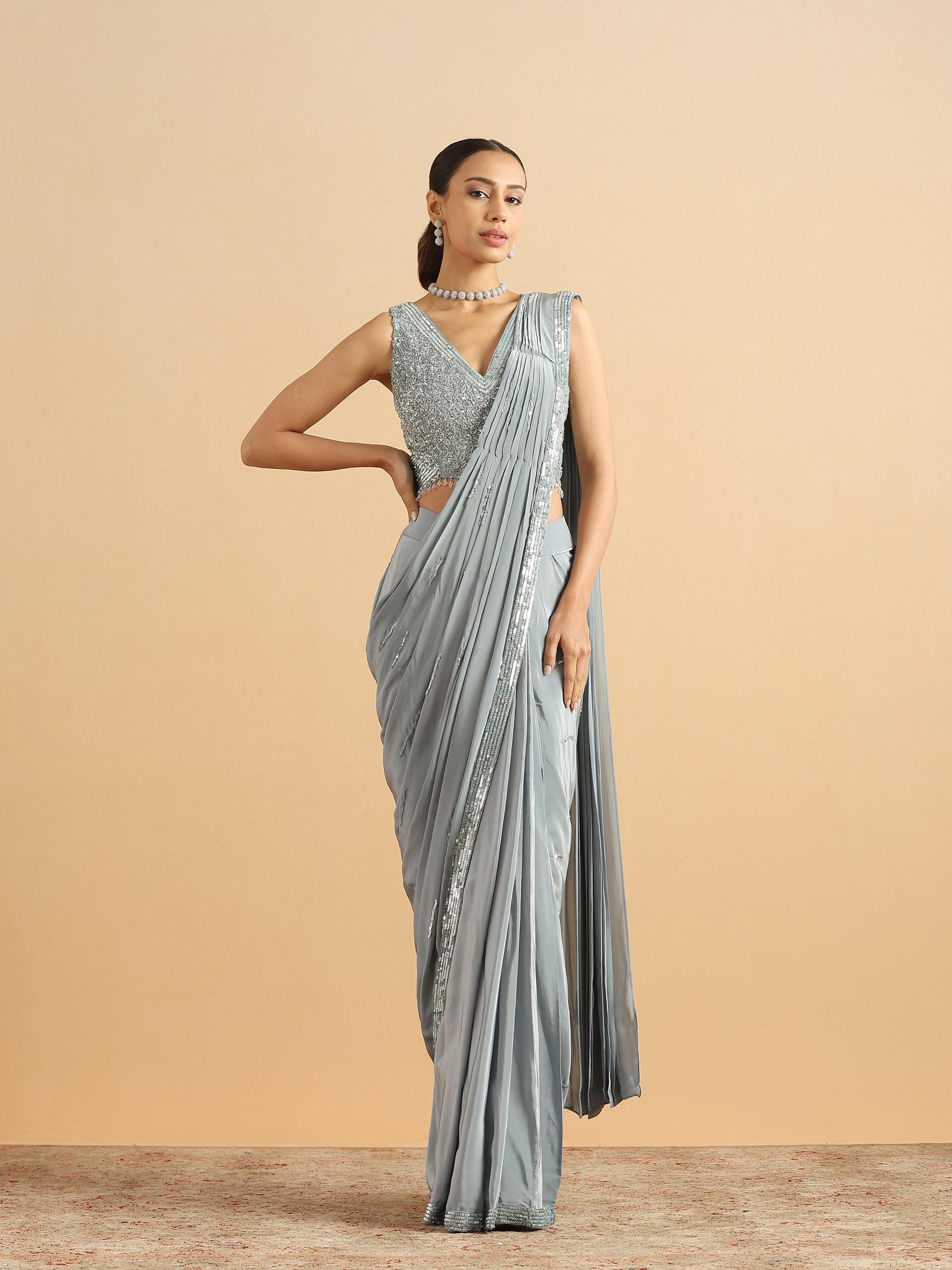 Twamev Women Serene Sky Blue Satin Party Saree