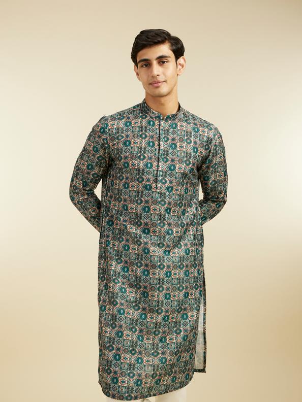 Diwas Men Bottle Green Aztec Printed Kurta