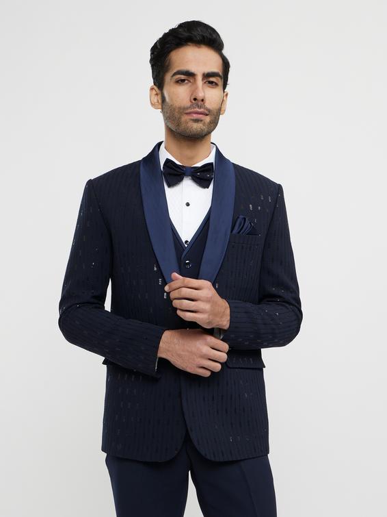 Twamev Men Navy Blue Linear Patterned Sequinned Suit Set