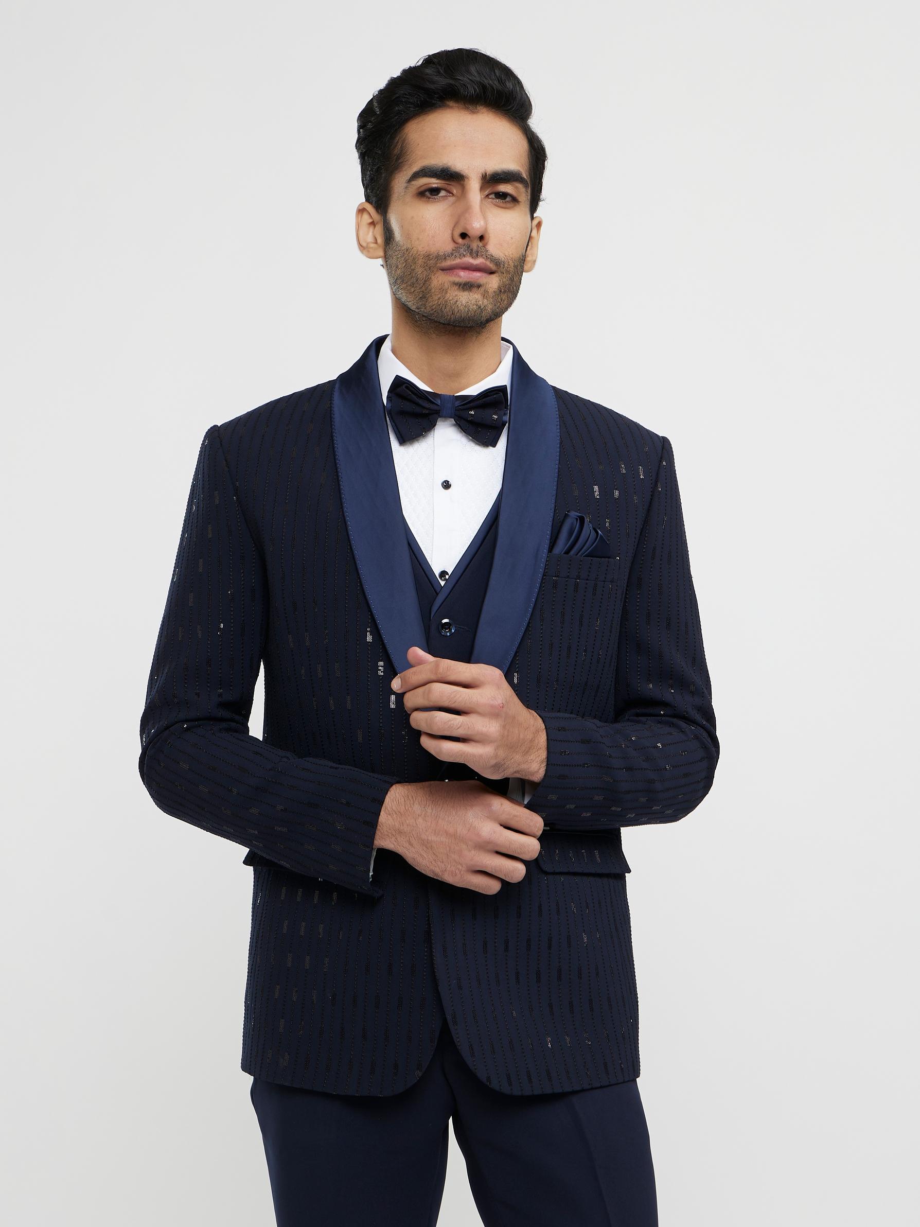 Twamev Men Navy Blue Linear Patterned Sequinned Suit Set