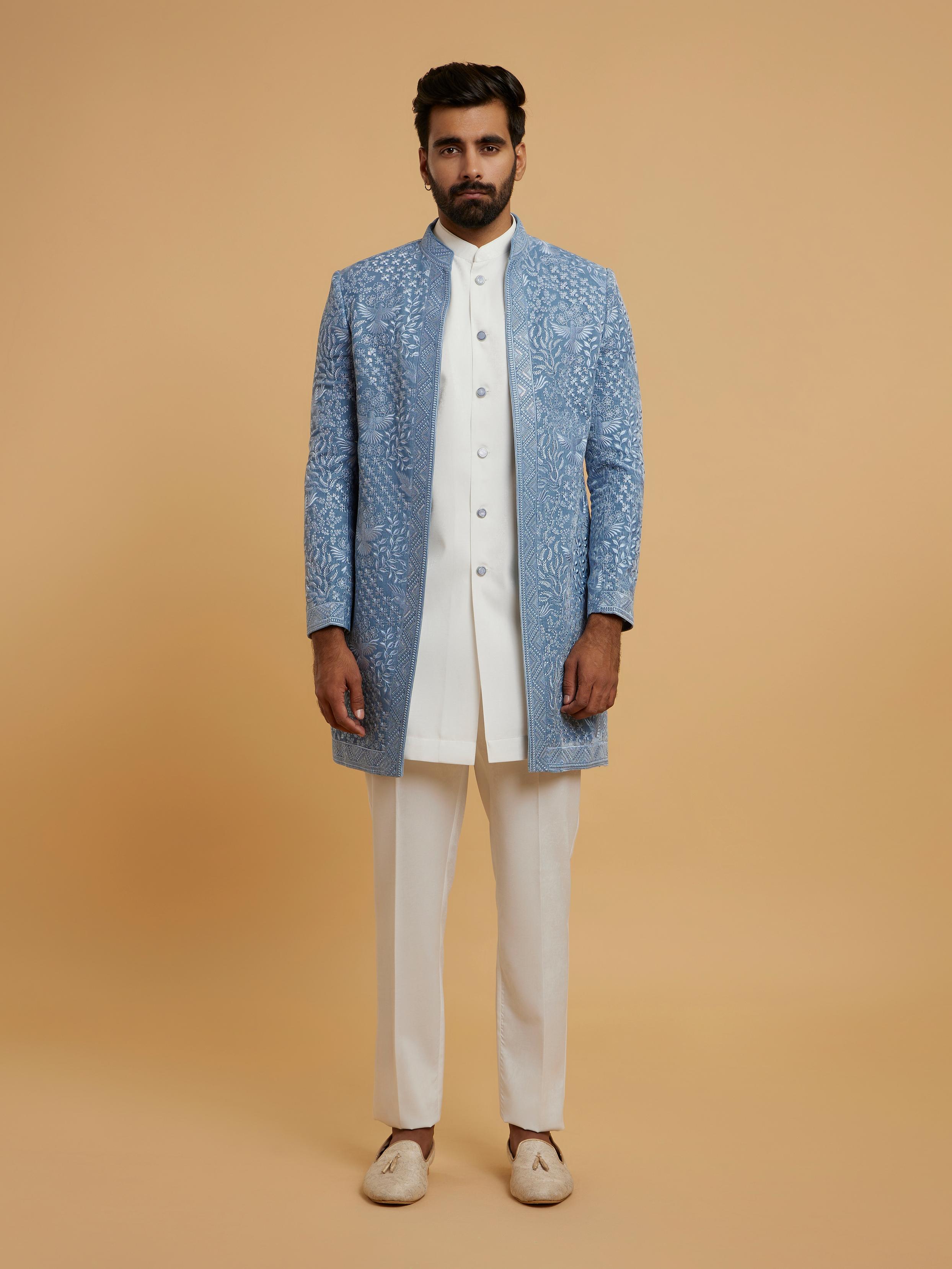 Twamev Men Elegant Light Blue Velvet Indo Western