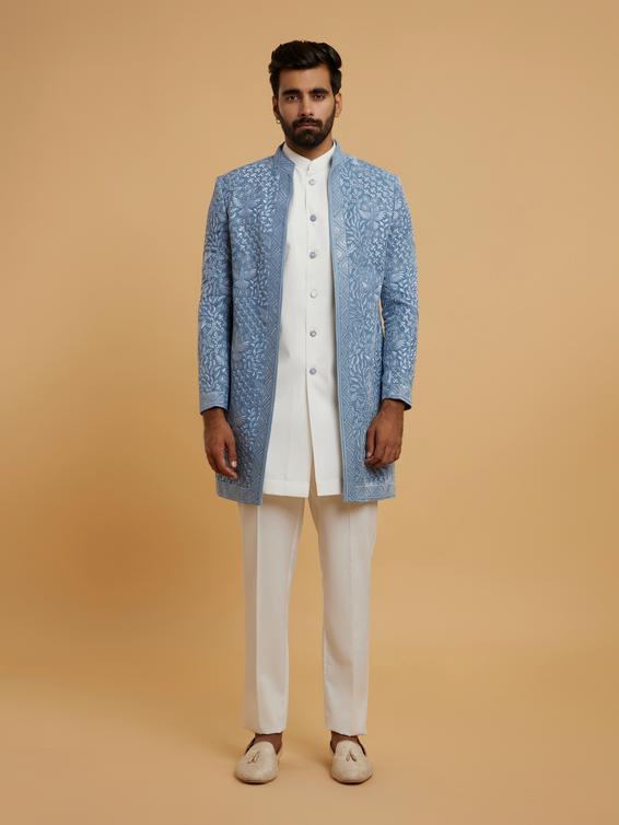 Twamev Men Elegant Light Blue Velvet Indo Western