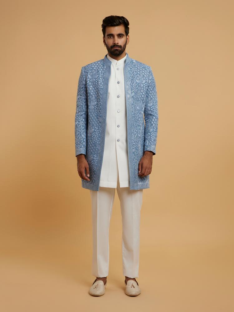 Twamev Men Elegant Light Blue Velvet Indo Western