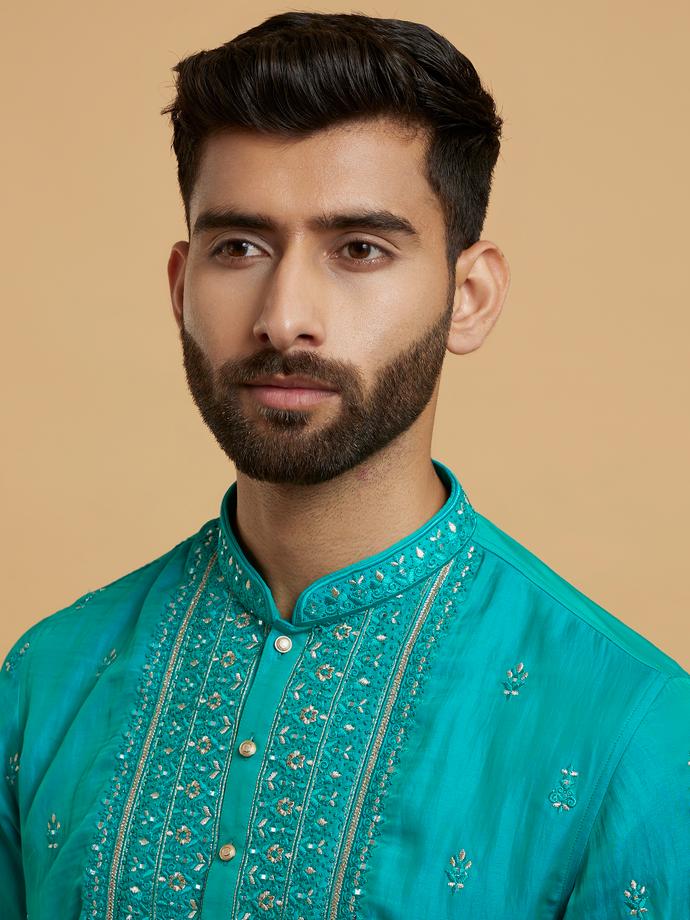Twamev Men Turquoise Blue Satin Kurta Pajama
